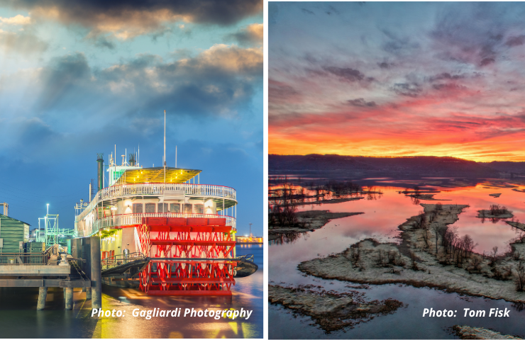 Steamboat and Mississippi River, usa